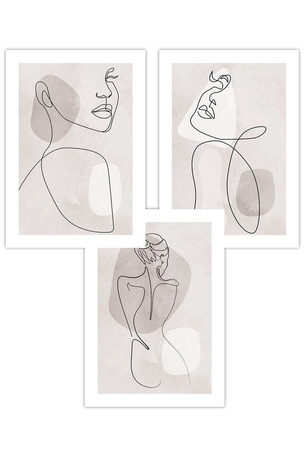 Set of 3 Beige and Grey Female Line Art Prints 50(W) x 70cm(H)